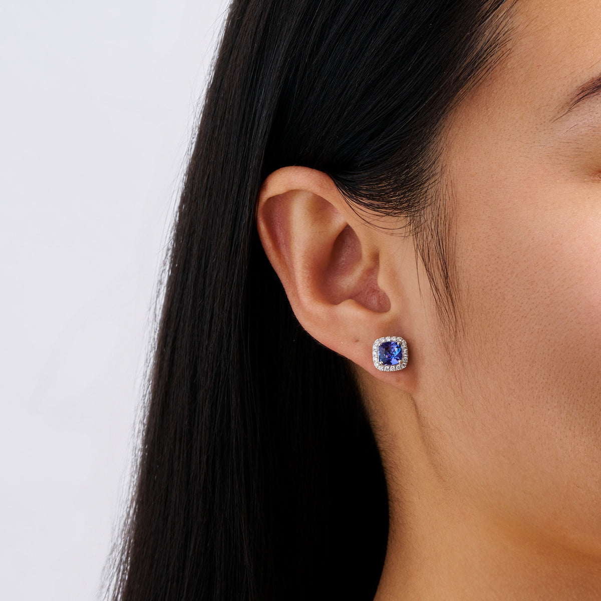 Tanzanite Cushion and Diamond Halo Stud Earrings in 18ct White Gold