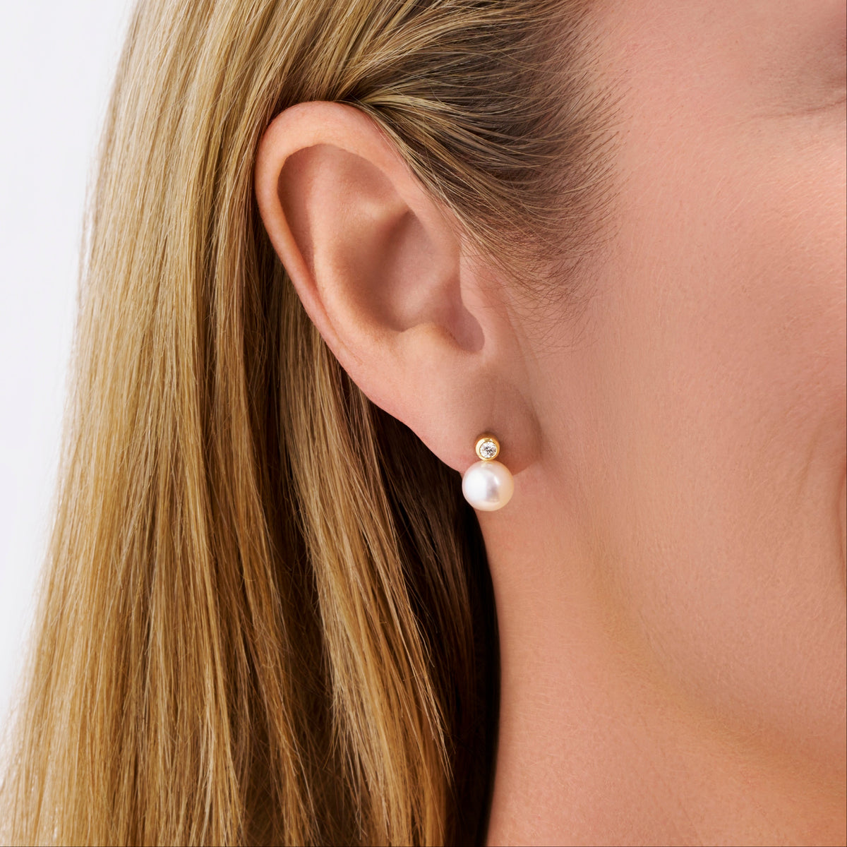 Diamond and Akoya Pearl Stud Earrings in 18ct Yellow Gold