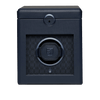 WOLF Earth Single Watch Winder in Midnight Blue, item 190317, shown from the front with the lid closed. A single automatic watch sits in the winding module, framed by a matt metallic bezel.