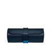 WOLF Earth Triple Watch Roll in Midnight Blue, item 190617, shown rolled and closed. The midnight blue apple leather exterior is secured with an adjustable matt metallic closure.