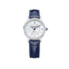 Front-facing view of the Baume & Mercier Classima M0A10808 ladies' watch, featuring a diamond-set white mother-of-pearl dial, blue leaf hands, diamond-set polished stainless steel case, and an interchangeable blue alligator leather strap.