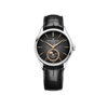 Front-facing view of the Baume & Mercier Clifton M0A10758 men's watch, featuring a gradient grey lacquered dial with moon phase complication at 6 o'clock, date window, rhodium-plated hands and indexes, polished stainless steel case, and a black alligator leather strap with tone-on-tone stitching.