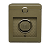 WOLF Earth Single Watch Winder in Olive, item 190341, shown from the front with the lid closed. A single automatic watch sits in the winding module, framed by a matt metallic bezel.
