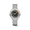 DOXA SUB 200T Sharkhunter Automatic 39mm Watch (Ref. 804.10.101.10) — front view showing black Sharkhunter iconic dial, patented unidirectional rotating bezel with US Navy no-decompression limit table, date window at 3 o'clock, Super-LumiNova indices and hands, 38 Hours power reserve, and stainless steel beads-of-rice bracelet
