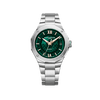 Front-facing view of the Baume & Mercier Riviera M0A10770 men's watch, featuring a transparent smoked green dial revealing the in-house Baumatic movement beneath, rhodium-plated hands and indexes, polished dodecagonal stainless steel case with four-screw bezel, and a matching integrated polished and satin-finished stainless steel bracelet.