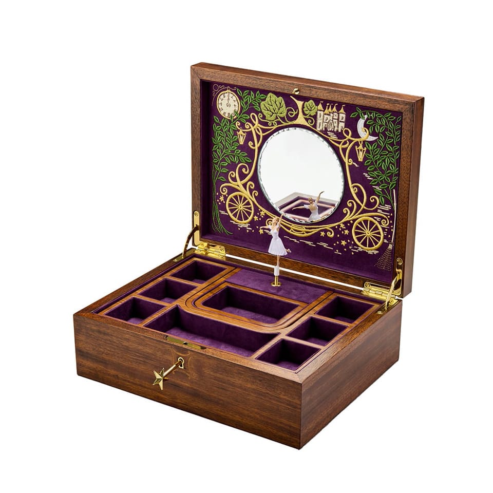 WOLF Cinderella Ballet Musical Jewellery Box in Walnut Wood, item 190017, shown closed from the front. The walnut wood veneer exterior features marquetry detailing and a star wand key.