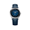 Front-facing view of the Baume & Mercier Clifton M0A10771 men's watch, featuring a gradient blue lacquered dial with crosshair pattern, white minute track, rhodium-plated trapezoid-shaped indexes, Arabic numeral at 12 o'clock, alpha-shaped hands, satin-finished stainless steel case, and an interchangeable blue alligator leather strap.