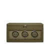 WOLF Earth Triple Watch Winder in Olive, item 190541, shown from the front. Three automatic watches sit in individual winding modules, each framed by a matt metallic bezel.