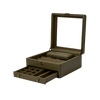 WOLF Earth Watch Box Stand in Olive, item 190741, shown closed from the front. The olive apple leather exterior features a glass lid and matt metallic hardware.