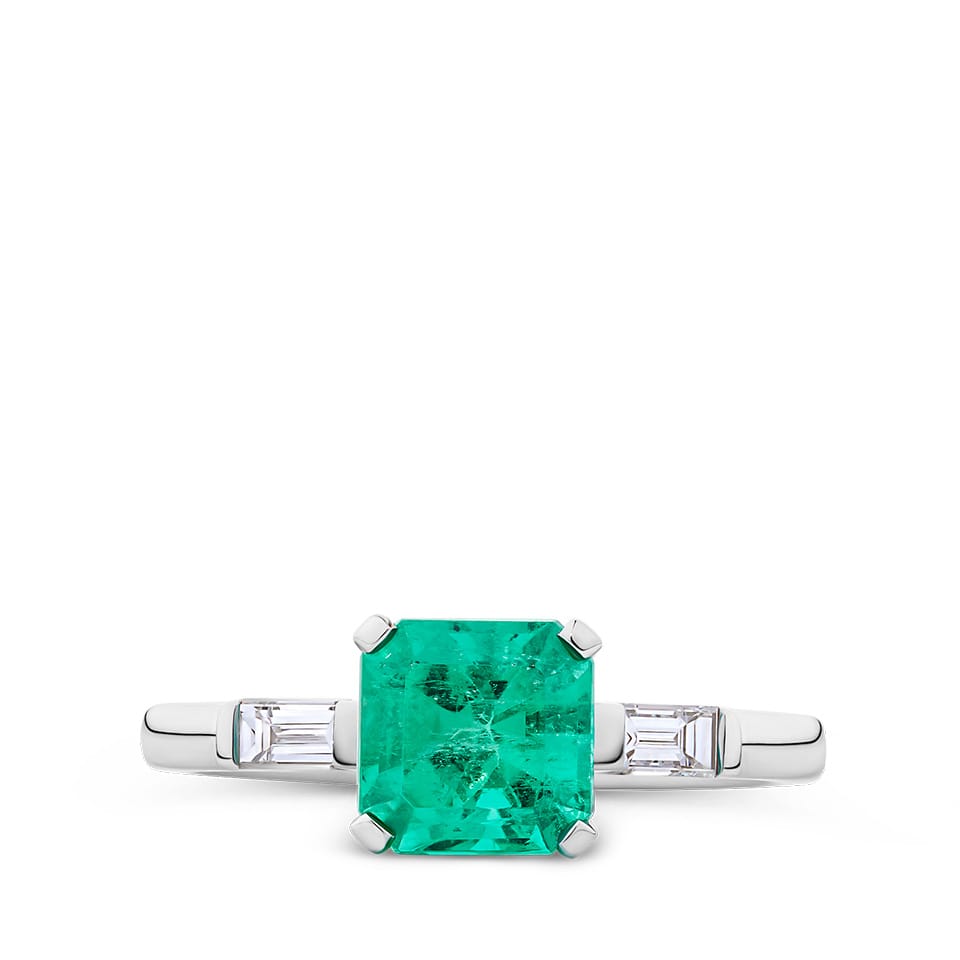 1.42 Carat Emerald and 0.30 Carat Diamond Trilogy Ring in 18ct White Gold