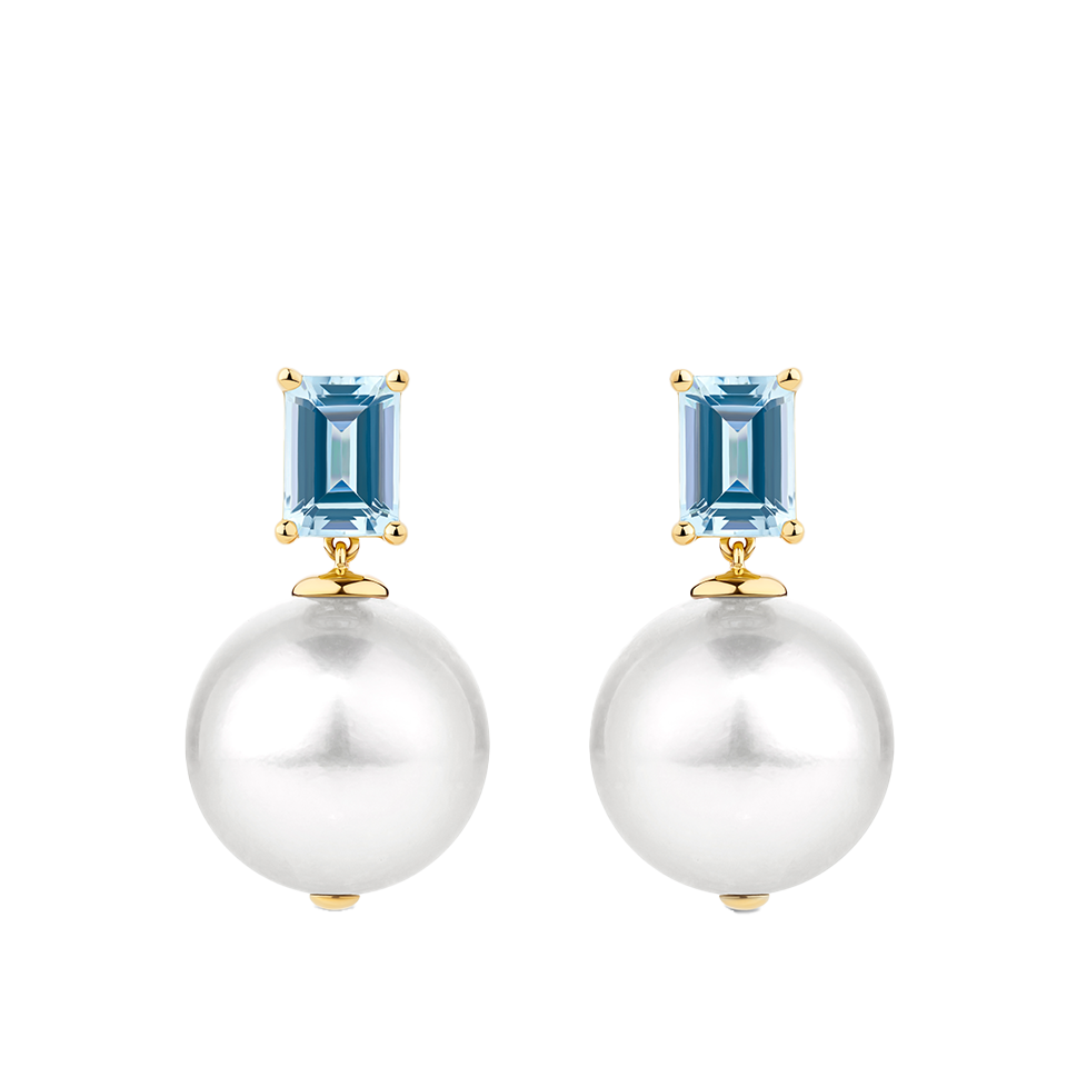 Australian South Sea Pearl and Aquamarine Drop Earrings in 18ct Yellow Gold