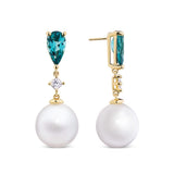 Tourmaline Diamond and South Sea PearlDrop Earrings in 18ct Yellow Gold