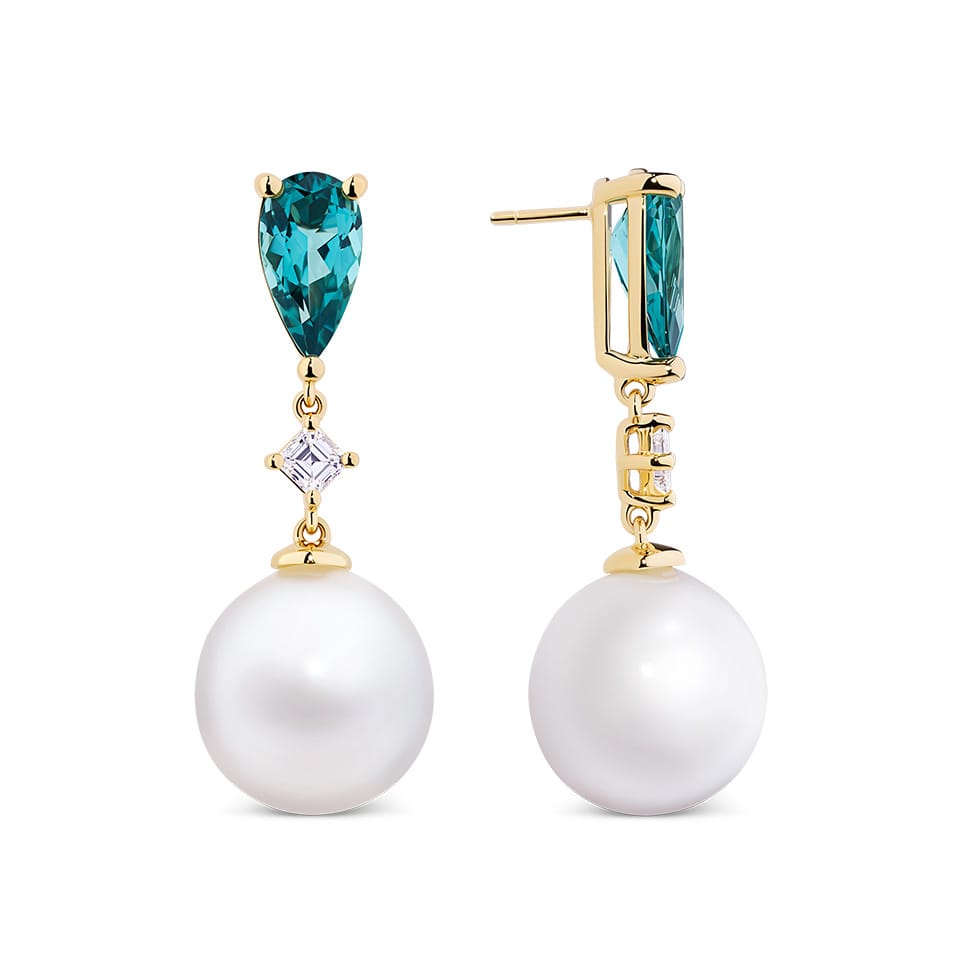 Tourmaline Diamond and South Sea PearlDrop Earrings in 18ct Yellow Gold