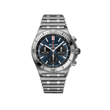 Breitling Chronomat B01 Chronograph 42mm Watch AB0134101C1A1 displays its blue dial with black chronograph sub-dials in a classic 3-6-9 layout. The stainless steel case features the iconic bezel with four rider tabs.