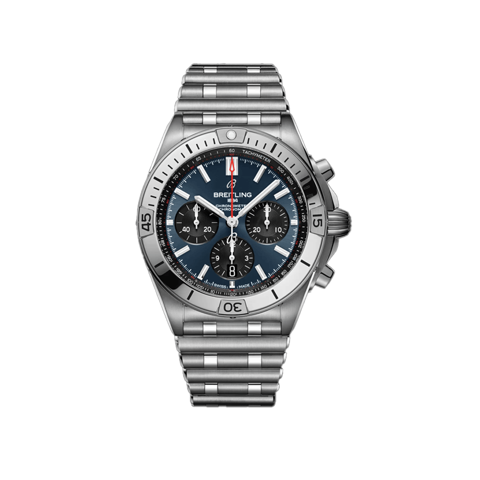 Breitling Chronomat B01 Chronograph 42mm Watch AB0134101C1A1 displays its blue dial with black chronograph sub-dials in a classic 3-6-9 layout. The stainless steel case features the iconic bezel with four rider tabs.