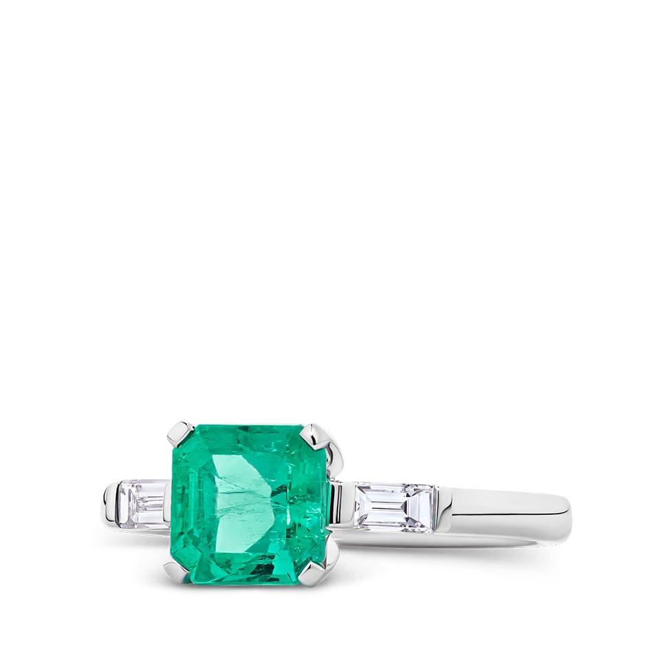1.42 Carat Emerald and 0.30 Carat Diamond Trilogy Ring in 18ct White Gold
