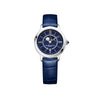 Front-facing view of the Baume & Mercier Classima M0A10804 ladies' watch, featuring a blue diamond-set dial with black moon phase disc, rhodium-plated leaf hands, polished stainless steel case, and a blue alligator leather strap.