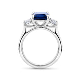 4.27 Carat Emerald Cut Sapphire and 0.80 Carat Emerald Cut Diamond Trilogy Ring in 18ct White Gold
