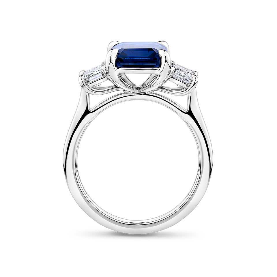 4.27 Carat Emerald Cut Sapphire and 0.80 Carat Emerald Cut Diamond Trilogy Ring in 18ct White Gold
