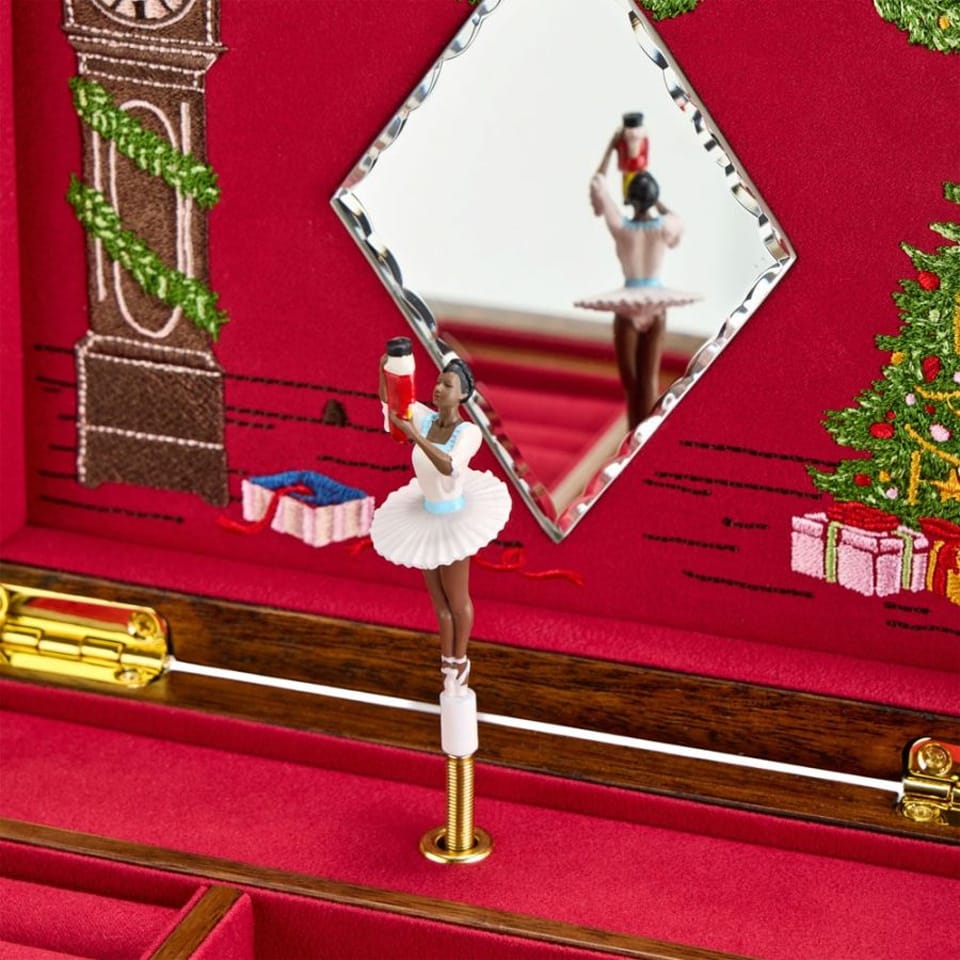WOLF Ballet Musical Jewellery Box in Swan Lake Walnut Wood, item 190106, featuring its interchangeable ballerina figures. Two hand-painted ballet dancers turn to Tchaikovsky's Swan Lake when the box is wound.