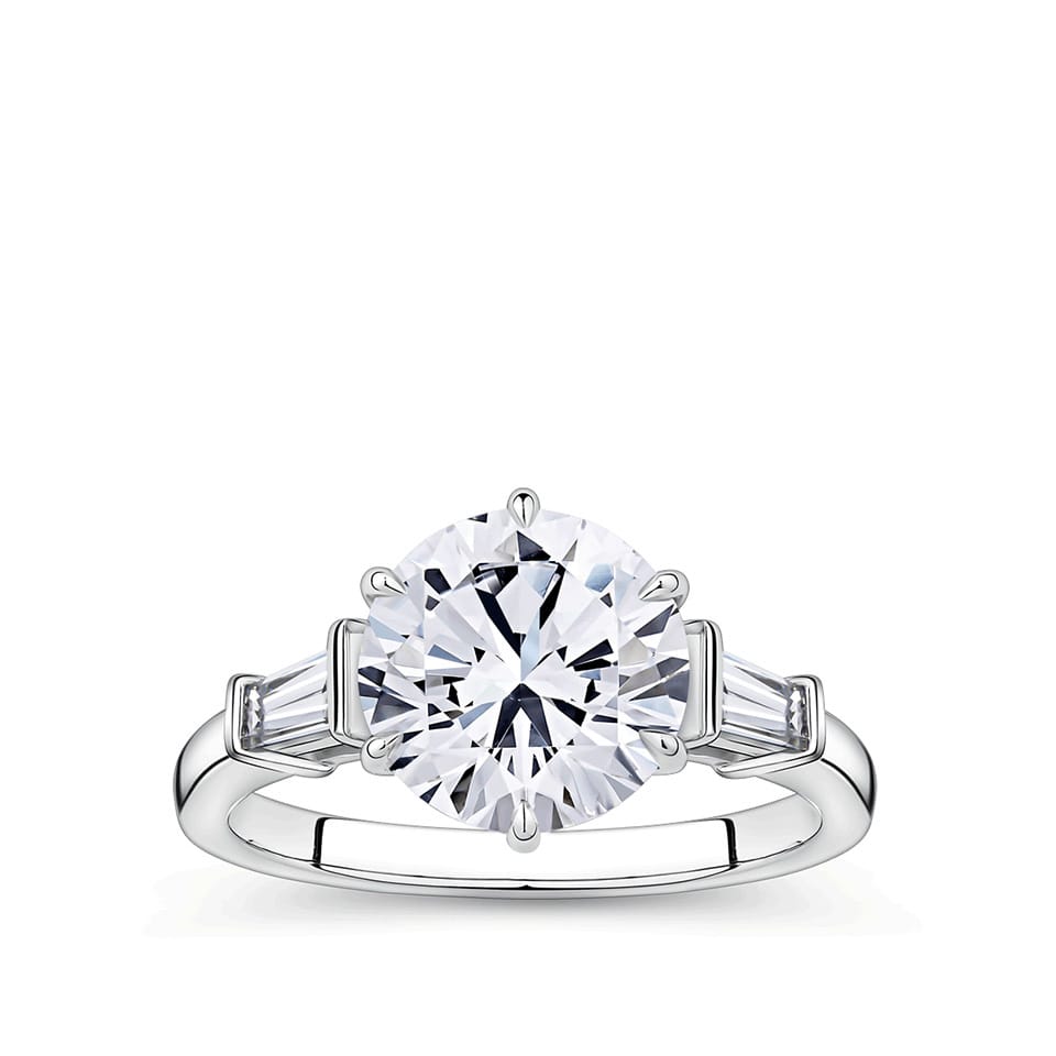 3.02 Carat Round Brilliant and Tapered Baguette Cut Trilogy Engagement Ring in 18ct White Gold