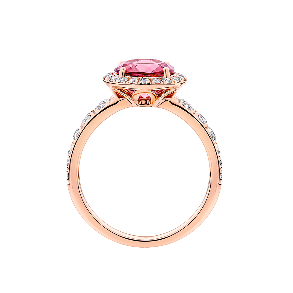 Pink Tourmaline Round and Diamond Halo Ring in 18ct Rose Gold