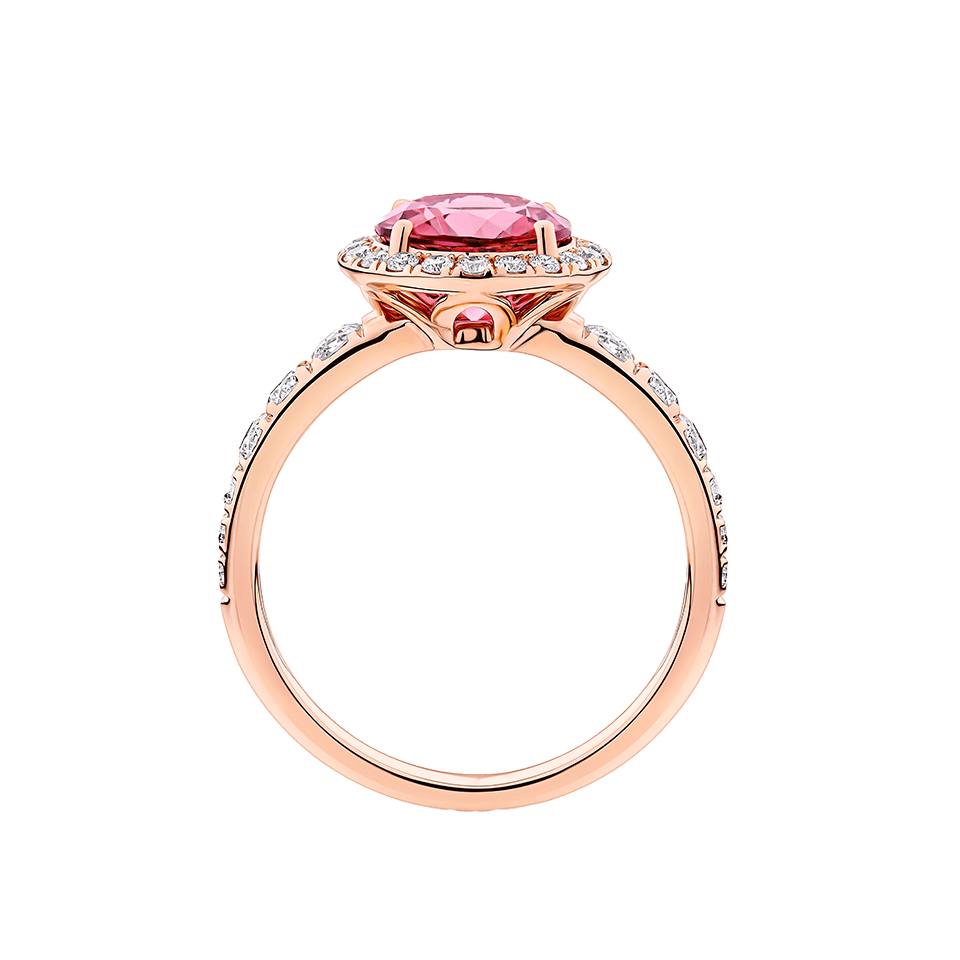 Pink Tourmaline Round and Diamond Halo Ring in 18ct Rose Gold