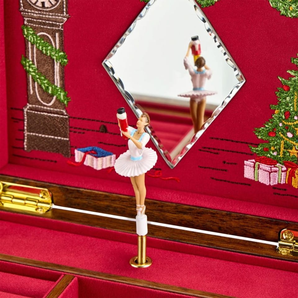 WOLF Ballet Musical Jewellery Box in Swan Lake Walnut Wood, item 190106, featuring its interchangeable ballerina figures. Two hand-painted ballet dancers turn to Tchaikovsky's Swan Lake when the box is wound.