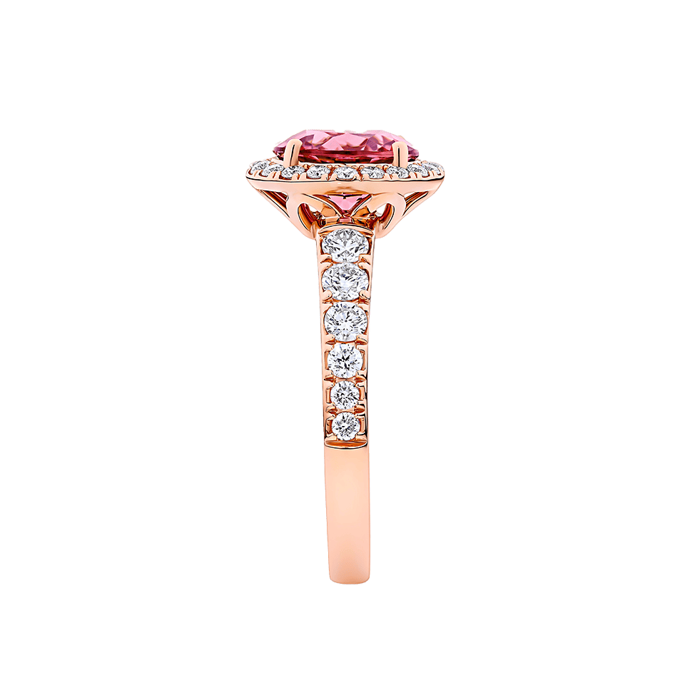 Pink Tourmaline Round and Diamond Halo Ring in 18ct Rose Gold