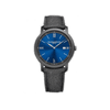 Front-facing view of the Baume & Mercier Classima M0A10767 men's watch, featuring a sand opaline sun satin-finished dial with black Roman numerals and leaf hands, sandblasted stainless steel case with ADLC coating, and an interchangeable sand Holland & Sherry fabric strap.