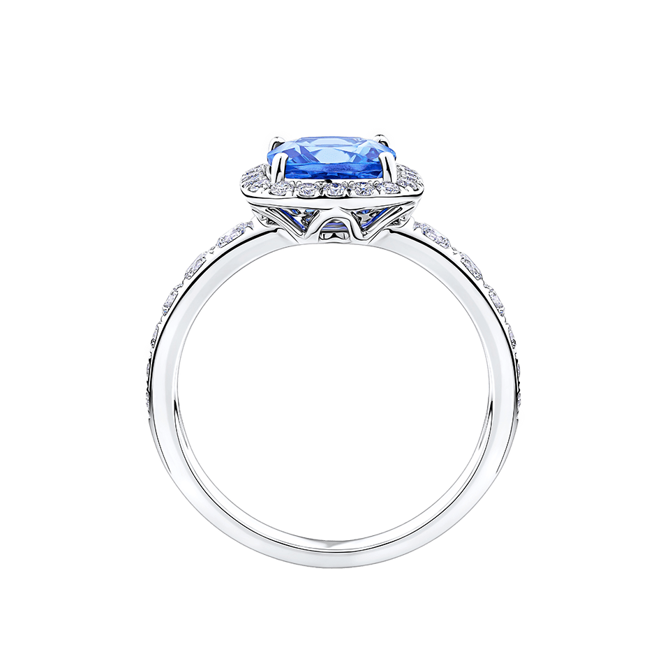 Tanzanite Cushion and Diamond Halo Ring in 18ct White Gold