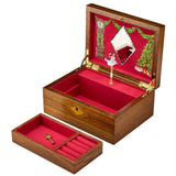 WOLF Ballet Musical Jewellery Box in Swan Lake Walnut Wood, item 190106, shown open to reveal the interior. A Swan Lake embroidered theatre backdrop by Fiona Howard surrounds a scallop-edged oval mirror.