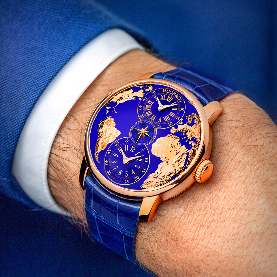 Jacob & Co. THE WORLD IS YOURS AUTOMATIC BLUE DUAL TIME ZONE 43MM