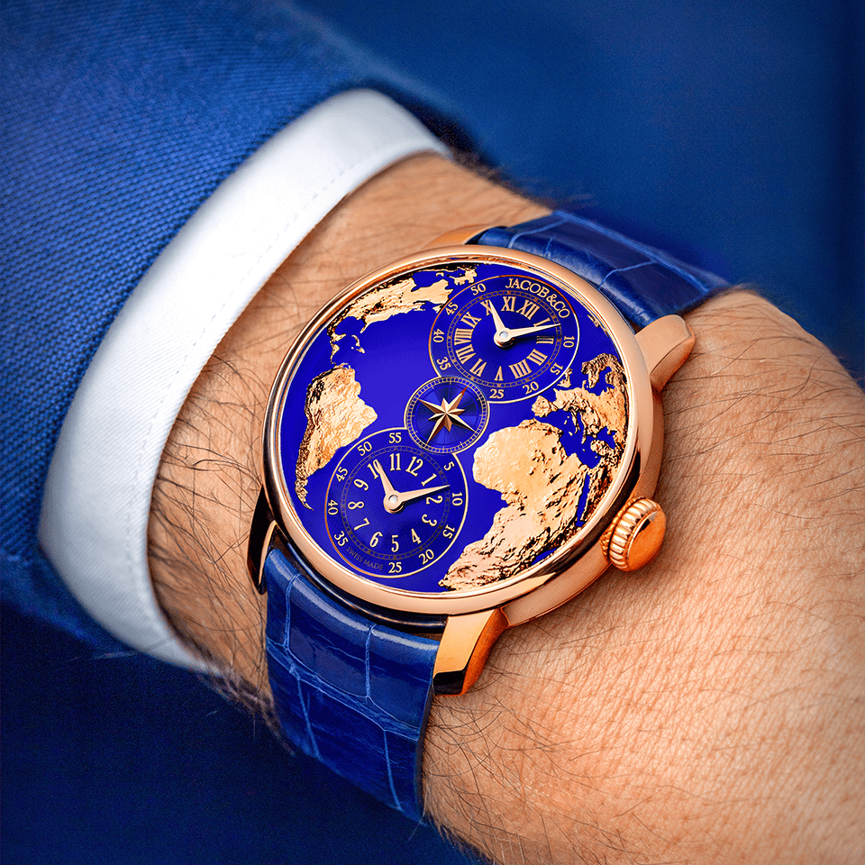 Jacob & Co. THE WORLD IS YOURS AUTOMATIC BLUE DUAL TIME ZONE 43MM