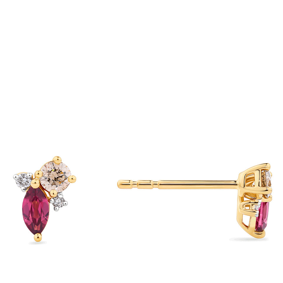 Fancy Cut Champagne and White Diamond and Rhodolite Garnet Stud Earrings in 18ct Yellow Gold