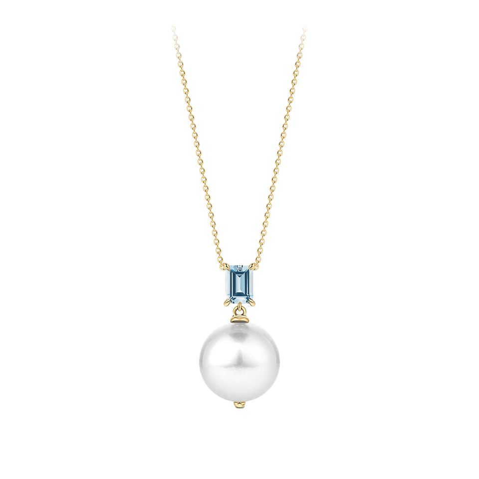 Australian South Sea Pearl and Aquamarine Drop Pendant in 18ct Yellow Gold