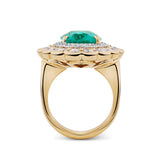 VAULT 7.55 CARAT OVAL CUT COLOMBIAN EMERALD AND 2.90 CARAT DIAMOND HALO RING IN 18CT YELLOW GOLD