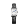 Front-facing view of the Baume & Mercier Hampton M0A10795 ladies' watch, featuring a silvery-white opaline dial with riveted rhodium-plated Arabic numerals at 12 and 6 o'clock, blue sword-shaped hands, polished rectangular stainless steel case with blue synthetic spinel cabochon-set crown, and an interchangeable black alligator-pattern leather strap.