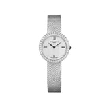 Front-facing view of the Baume & Mercier Joia M0A10850 ladies' watch, featuring a silver cross satin-finished dial with Roman numerals, black transfer leaf hands, 40 brilliant-cut diamond-set bezel, polished round stainless steel lug-free case with black agate-set crown, and a matching polished stainless steel bracelet with embossed crushed-link decoration.