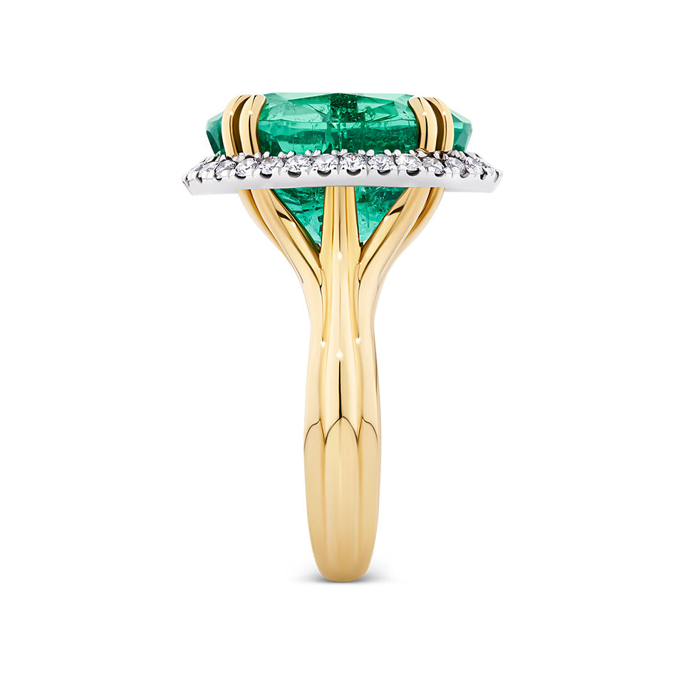 Vault® 11.12 Carat Emerald and 0.45 Carat Diamond Halo Ring in 18ct Yellow Gold