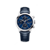 Front-facing view of the Baume & Mercier Classima M0A10784 men's chronograph watch, featuring a blue sunburst lacquered dial with dark blue sub-dials, golden indices and leaf hands, day and date window at 3 o'clock, polished stainless steel case, and a blue alligator leather strap