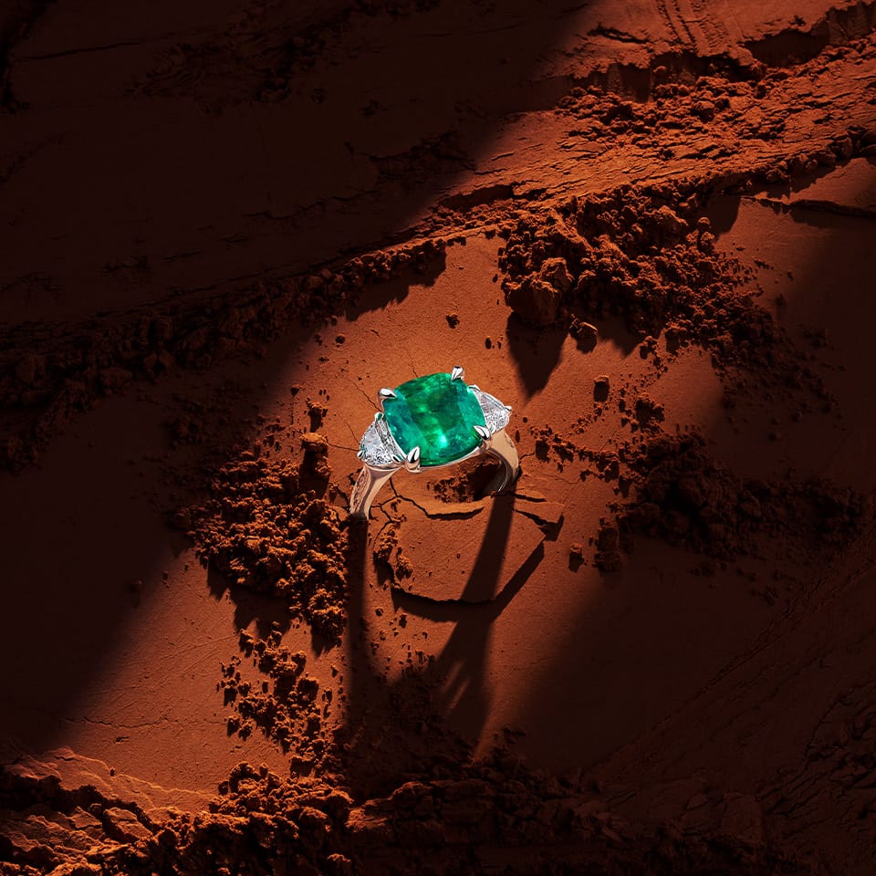 VAULT® 5.40 Carat Colombian Emerald and 0.84 Carat Half Moon Diamond Trilogy Ring in 18ct White Gold