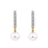 Akoya Pearl and Diamond Drop Huggie Earrings in 14ct Yellow Gold