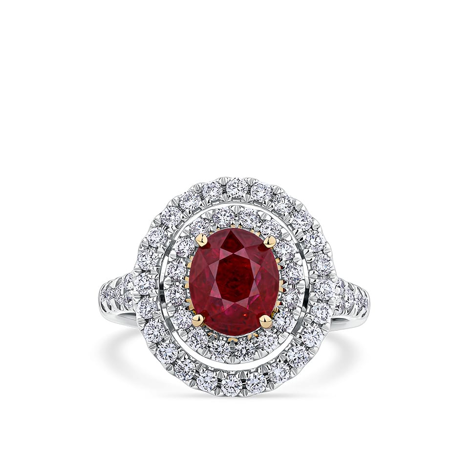 Vault® 2.00 Carat Oval Cut Burmese Ruby and 0.54 Carat Diamond Halo Ring in 18ct White and Rose Gold