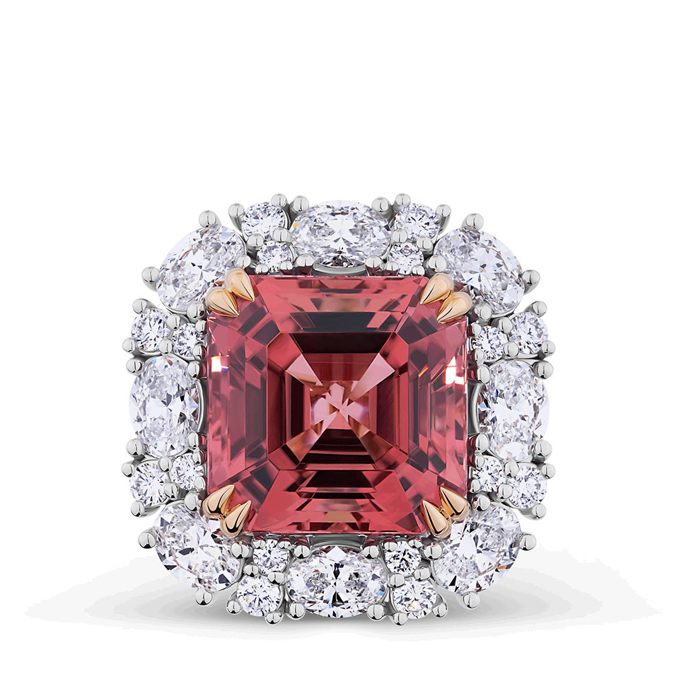 VAULT® 15.69 CARAT ASSCHER CUT TOURMALINE AND 4.26 CARAT DIAMOND HALO RING IN 18CT WHITE GOLD
