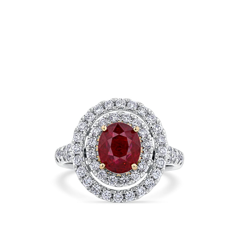 Vault® 2.00 Carat Oval Cut Burmese Ruby and 0.54 Carat Diamond Halo Ring in 18ct White and Rose Gold