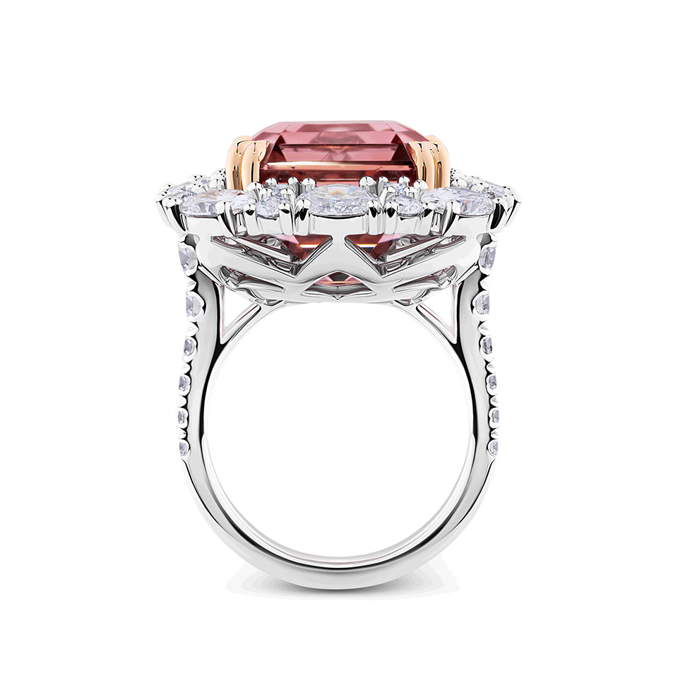 VAULT® 15.69 CARAT ASSCHER CUT TOURMALINE AND 4.26 CARAT DIAMOND HALO RING IN 18CT WHITE GOLD