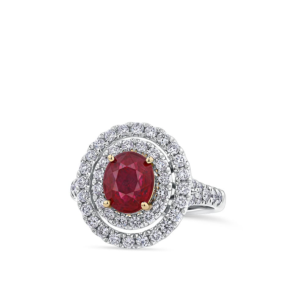 Vault® 2.00 Carat Oval Cut Burmese Ruby and 0.54 Carat Diamond Halo Ring in 18ct White and Rose Gold