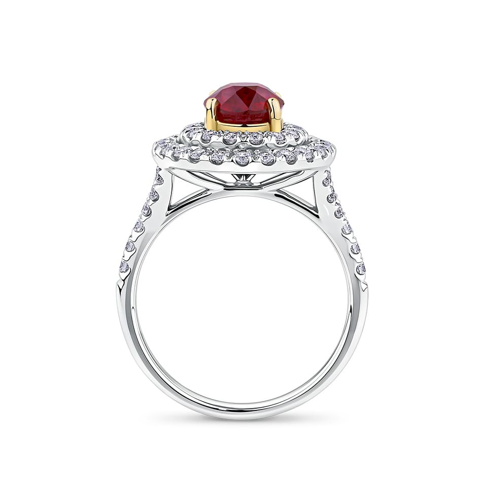 Vault® 2.00 Carat Oval Cut Burmese Ruby and 0.54 Carat Diamond Halo Ring in 18ct White and Rose Gold