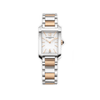 Front-facing view of the Baume & Mercier Hampton M0A10751 ladies' watch, featuring a silver opaline dial with gilded Arabic numerals at 6 and 12 o'clock, gilded sword-shaped hands, polished rectangular stainless steel case, and a matching two-tone polished stainless steel and pink gold capped bracelet.